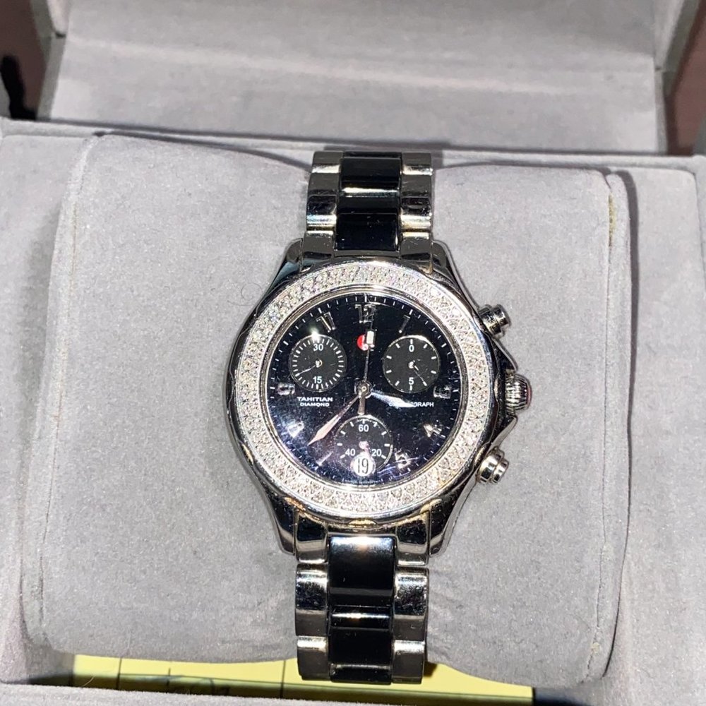 MICHELE Tahitian DIAMOND Chronograph Watch Orig $2100-New Battery